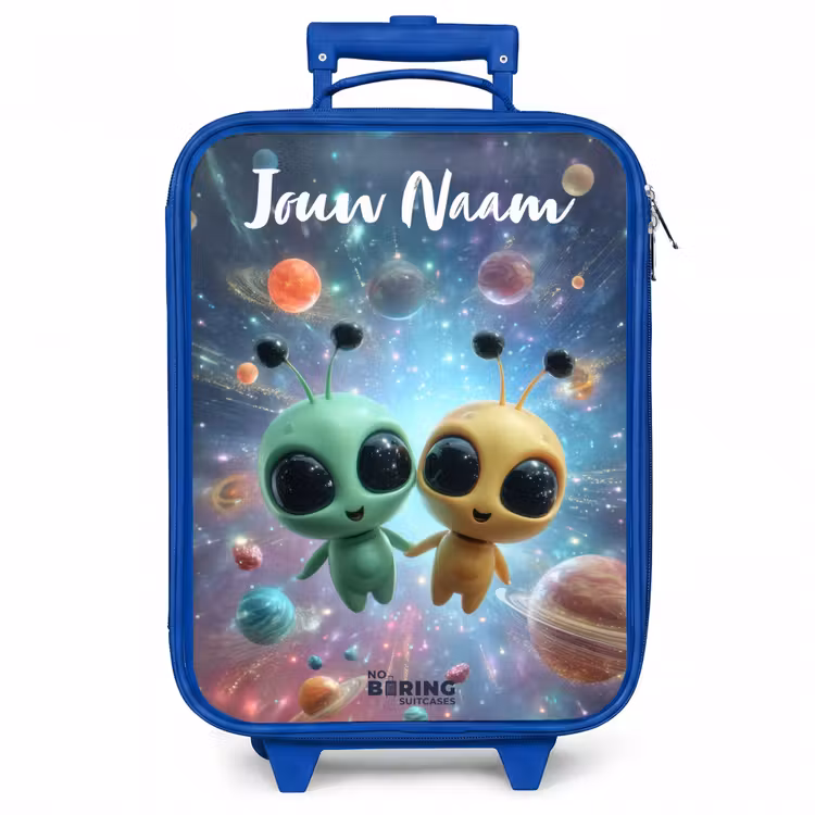 Kinderkoffer met naam - Blauw - Vrolijke buitenaardse vrienden — 1