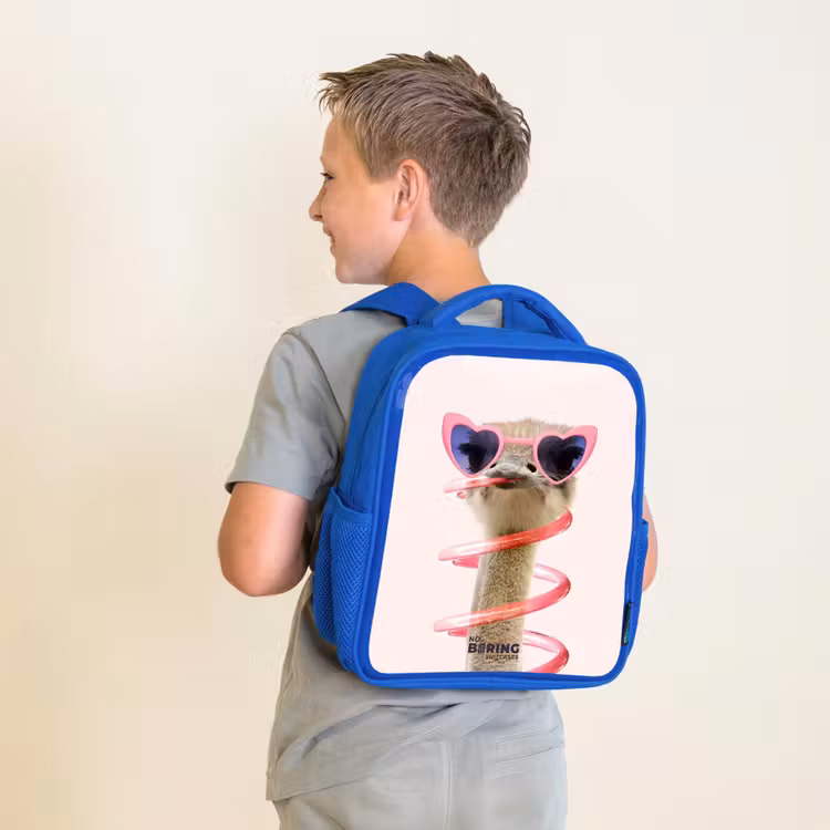 Kinderrugzak met naam - Blauw - Sierk Struisvogel Roze — 3