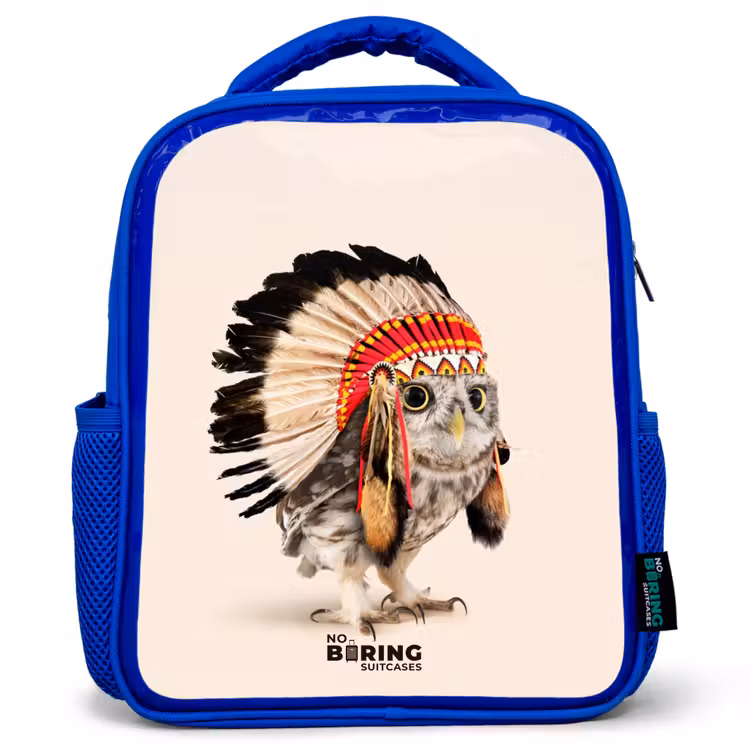 Kinderrugzak met naam - Blauw - Uil als Indiaan — 1