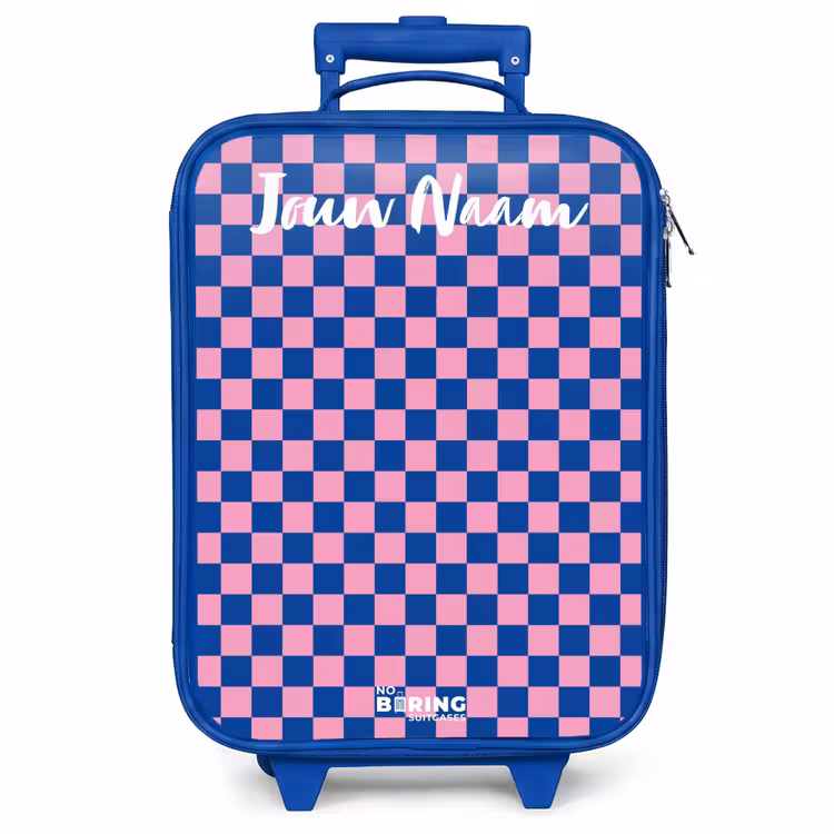 Kinderkoffer met naam - Blauw - Blokjes - Blauw - Roze — 1