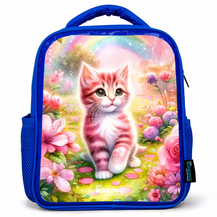 Kinderrugzak - Blauw - Kitten met regenboog en bloemen — 1