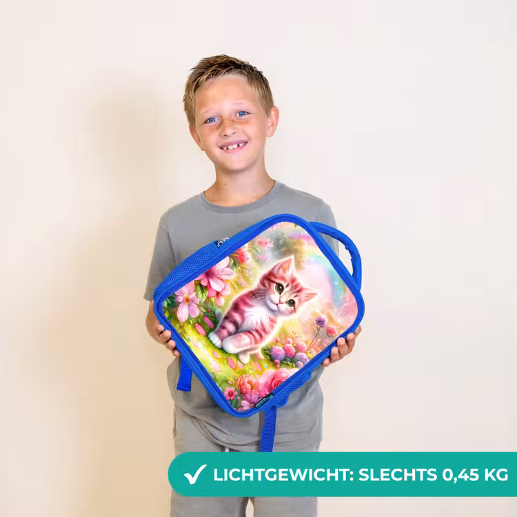 Kinderrugzak - Blauw - Kitten met regenboog en bloemen — 2