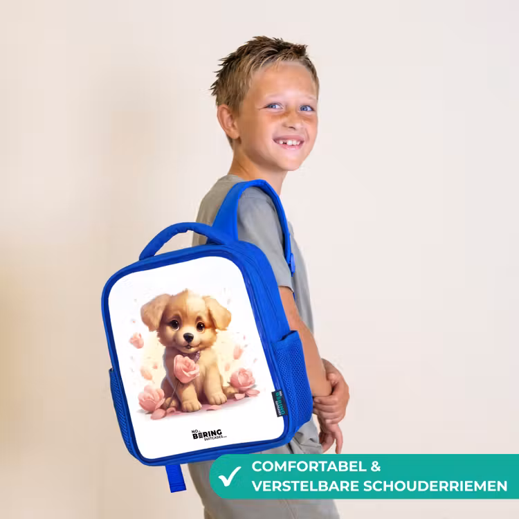 Kinderrugzak - Blauw - Puppy met roze bloemen — 4