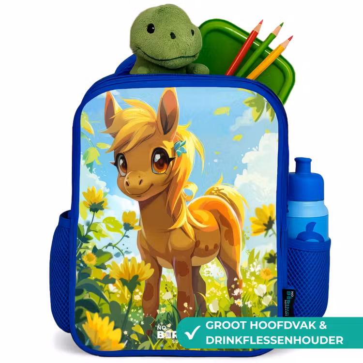 Kinderrugzak - Blauw - Bruine pony tussen gele bloemen — 5