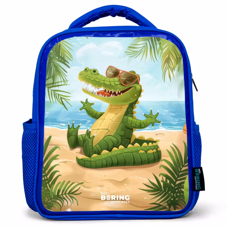 Kinderrugzak - Blauw - Krokodil met zonnebril ontspant op het strand — 1