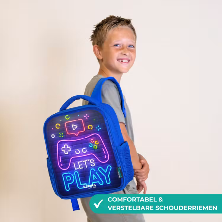 Kinderrugzak - Blauw - Neoncontroller tegen een bakstenen muur — 4