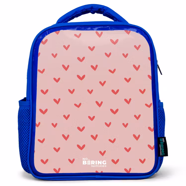 Kinderrugzak - Blauw - Hartjespatroon met roze kleuren — 1