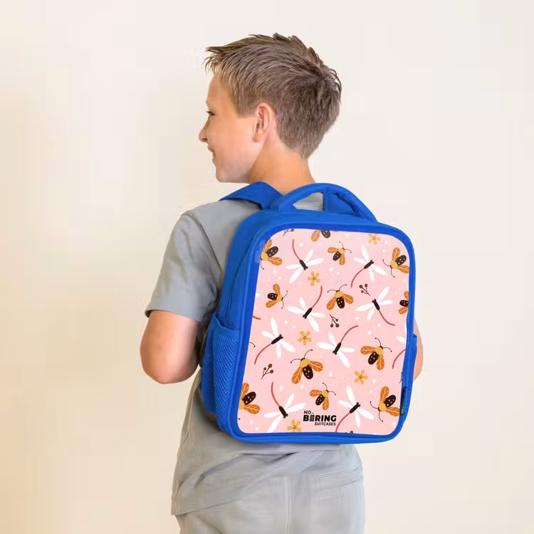 Kinderrugzak - Blauw - Lieveheersbeestjes en libellen op roze achtergrond — 3
