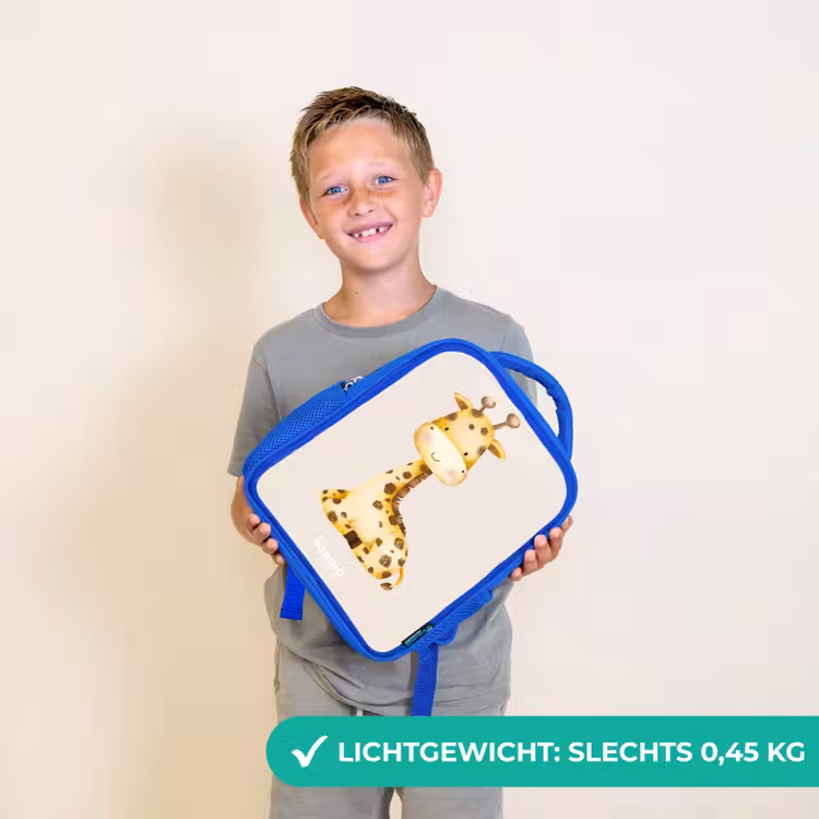 Kinderrugzak - Blauw - Liggende giraffe illustratie op beige achtergrond — 2