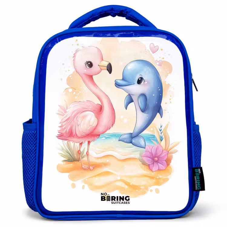 Kinderrugzak - Blauw - Roze flamingo en blauwe dolfijn op een strand — 1