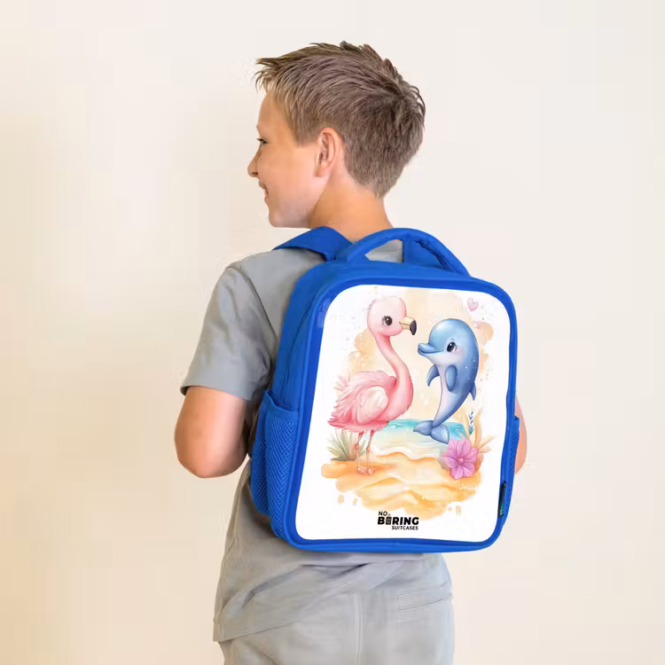 Kinderrugzak - Blauw - Roze flamingo en blauwe dolfijn op een strand — 3