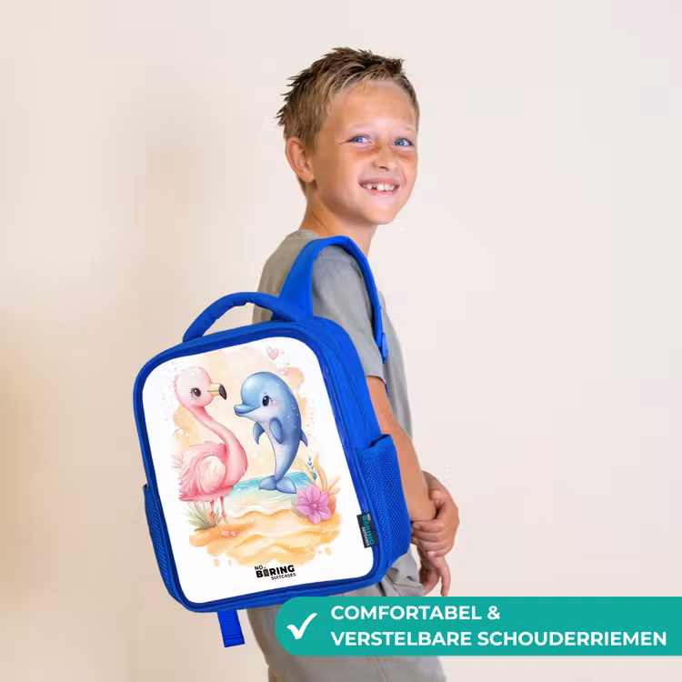 Kinderrugzak - Blauw - Roze flamingo en blauwe dolfijn op een strand — 4
