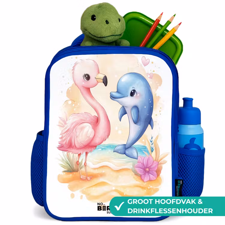 Kinderrugzak - Blauw - Roze flamingo en blauwe dolfijn op een strand — 5