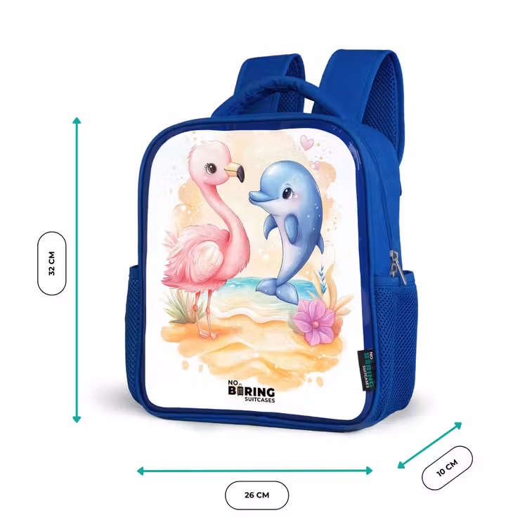 Kinderrugzak - Blauw - Roze flamingo en blauwe dolfijn op een strand — 6