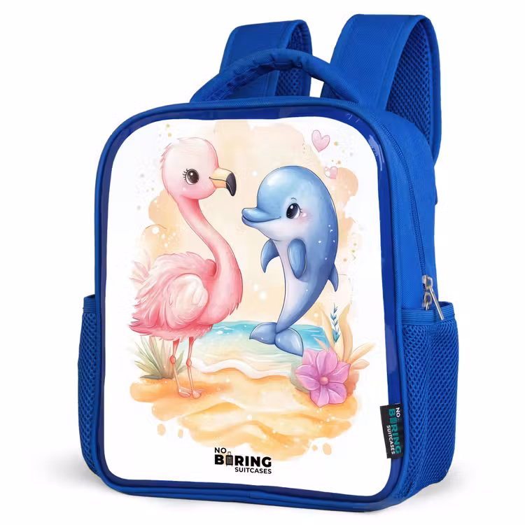 Kinderrugzak - Blauw - Roze flamingo en blauwe dolfijn op een strand — 9