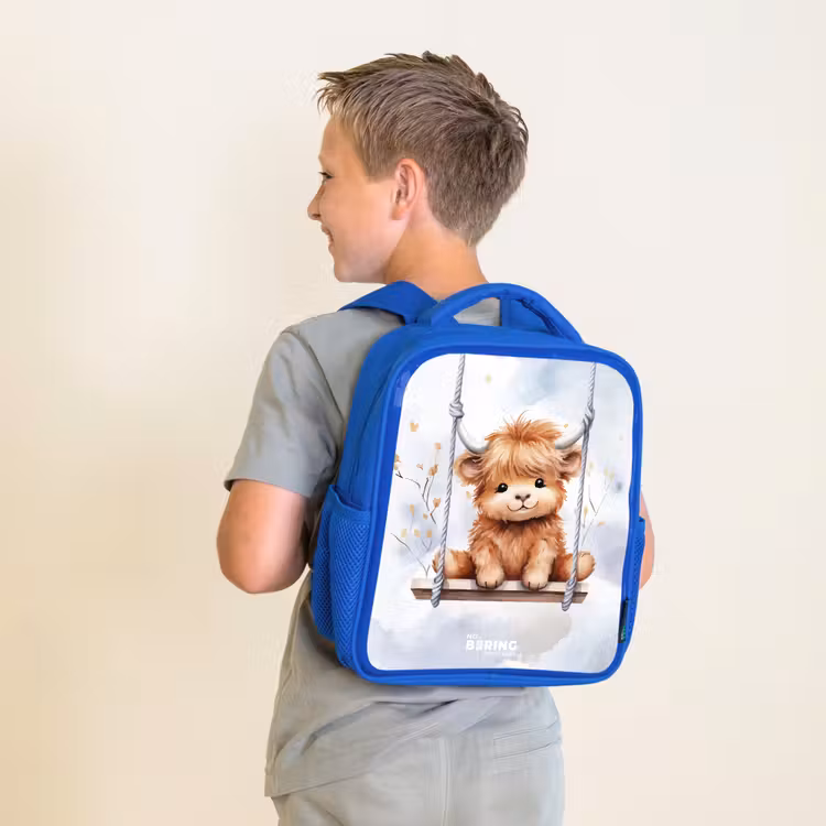 Kinderrugzak - Blauw - Schommelend Schotse hooglander kalf van waterverf — 3