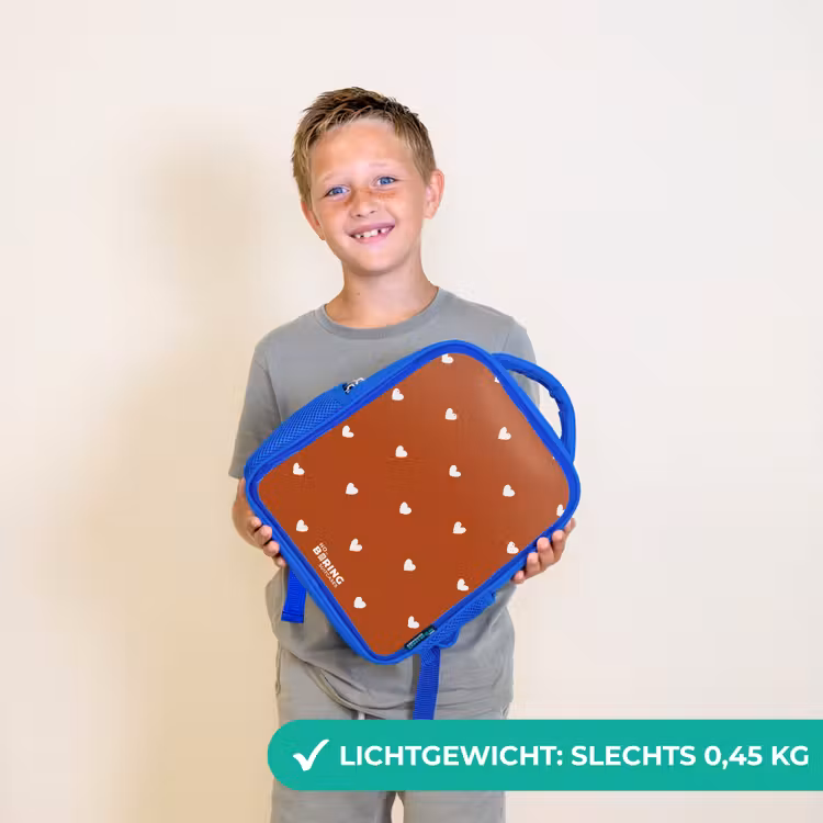 Kinderrugzak - Blauw - Wit hartjespatroon op oranje bruine achtergrond — 2