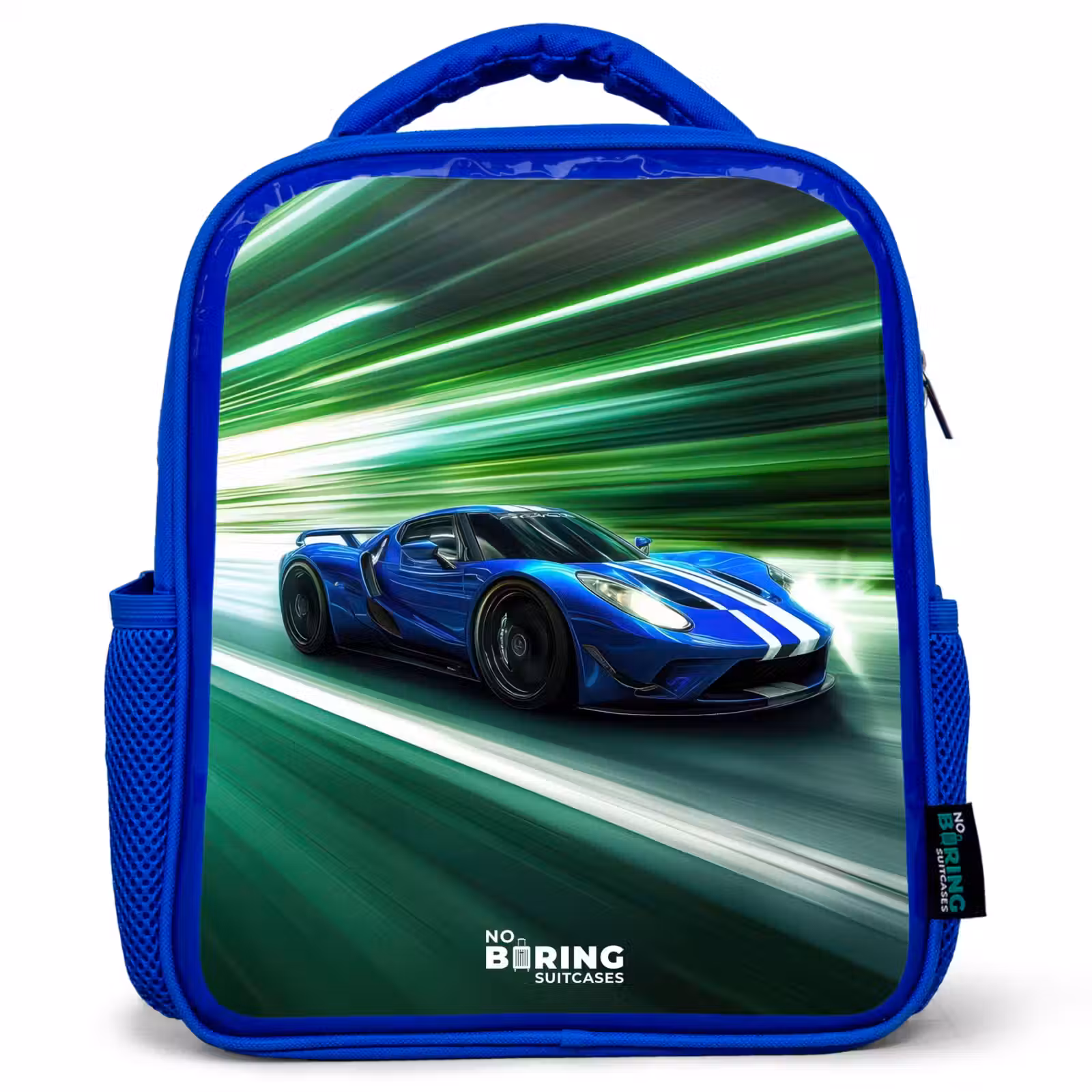 Kinderrugzak - Blauw - Blauwe raceauto met strepen in groene tunnel — 1