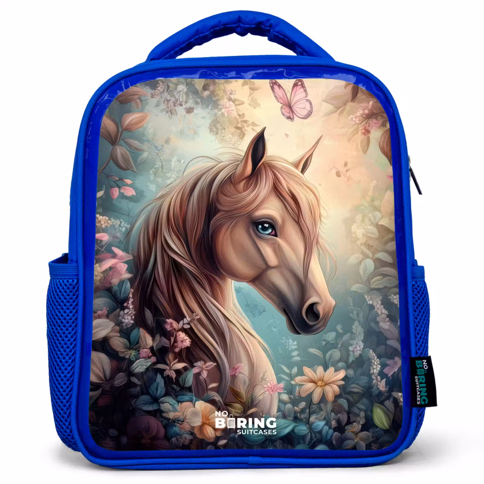 Kinderrugzak - Blauw - Paard met vlinders in bloementuin — 1