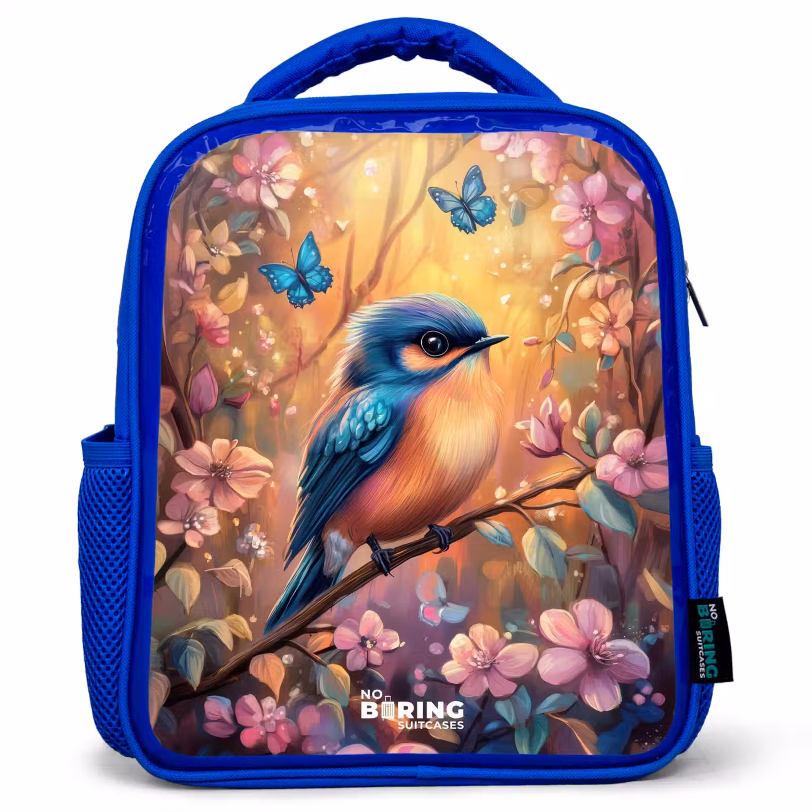 Kinderrugzak - Blauw - Vogel met vlinders in kleurrijk bos. — 1