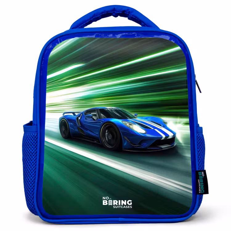 Kinderrugzak - Blauw - Blauwe raceauto met strepen in groene tunnel — 1