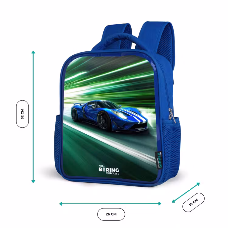 Kinderrugzak - Blauw - Blauwe raceauto met strepen in groene tunnel — 6