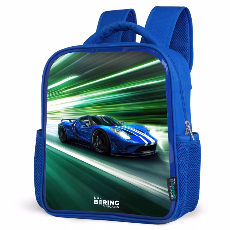 Kinderrugzak - Blauw - Blauwe raceauto met strepen in groene tunnel — 9