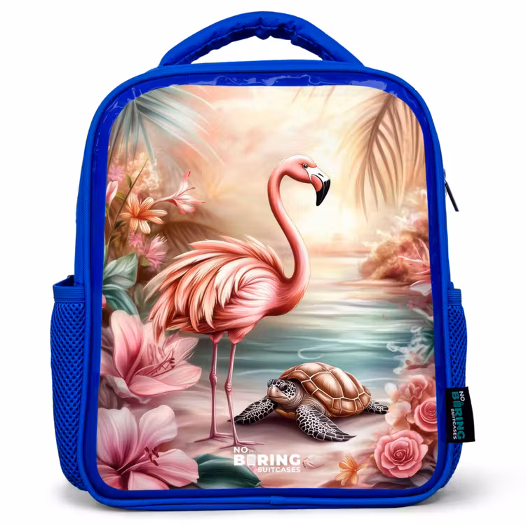 Kinderrugzak - Blauw - Flamingo en schildpad op een roze strand. — 1