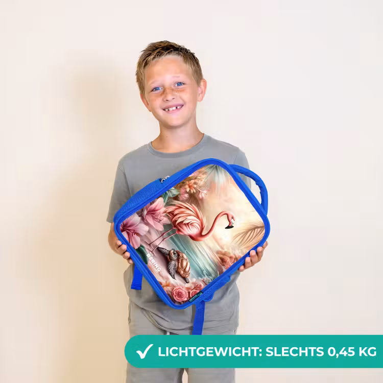 Kinderrugzak - Blauw - Flamingo en schildpad op een roze strand. — 2