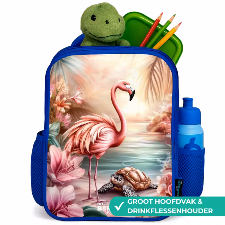 Kinderrugzak - Blauw - Flamingo en schildpad op een roze strand. — 5