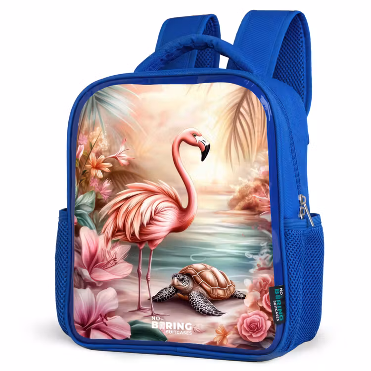 Kinderrugzak - Blauw - Flamingo en schildpad op een roze strand. — 9