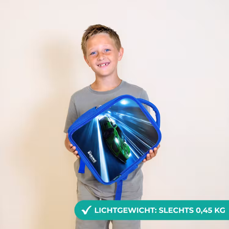 Kinderrugzak - Blauw - Groene supercar flitst door neonlicht — 2