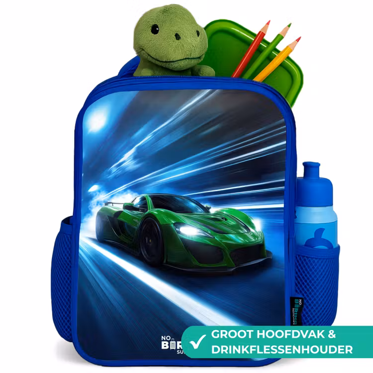 Kinderrugzak - Blauw - Groene supercar flitst door neonlicht — 5
