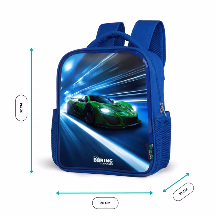 Kinderrugzak - Blauw - Groene supercar flitst door neonlicht — 6