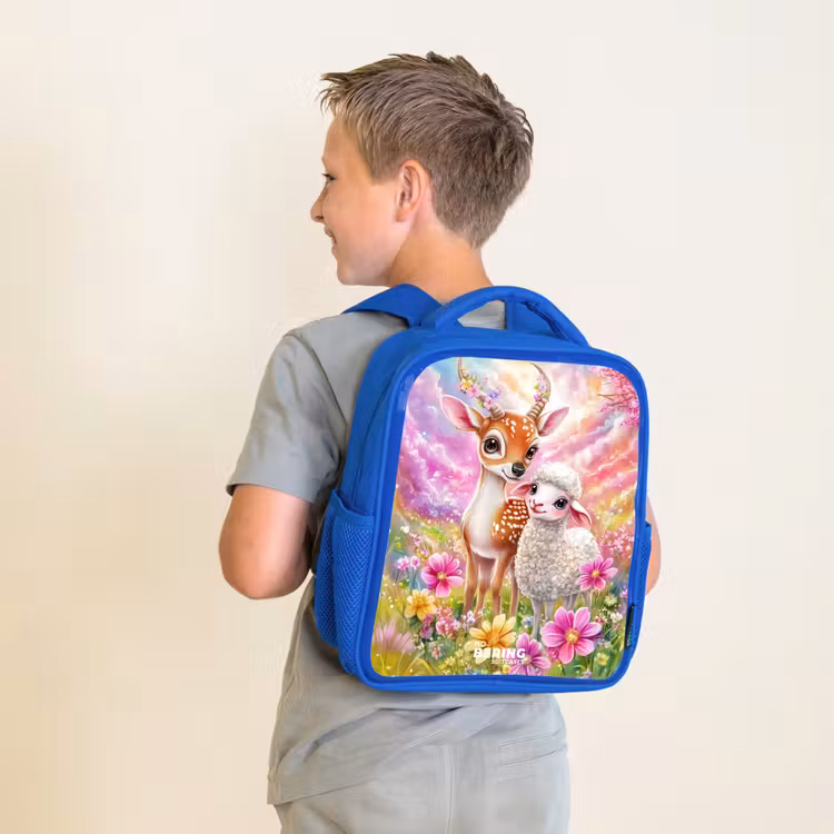 Kinderrugzak - Blauw - Hertje met een lammetje in pastelbloemenveld — 3