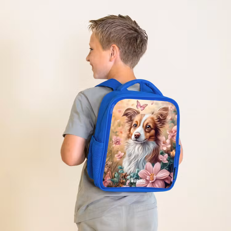 Kinderrugzak - Blauw - Hond in bloemenveld met vlinders — 3