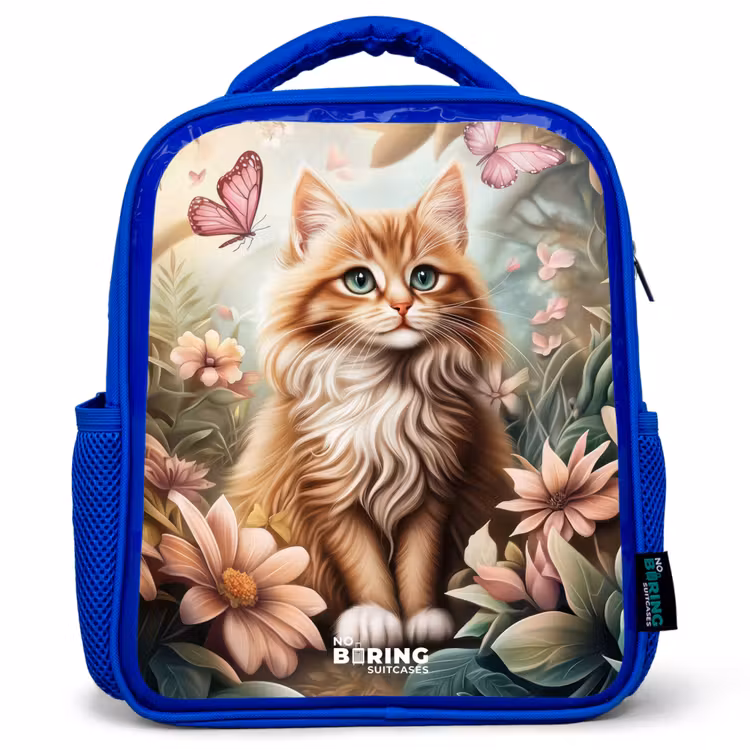 Kinderrugzak - Blauw - Kat in bloemenveld met roze vlinders. — 1