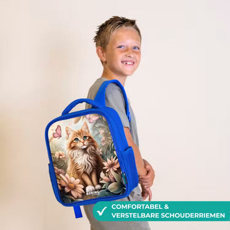 Kinderrugzak - Blauw - Kat in bloemenveld met roze vlinders. — 4