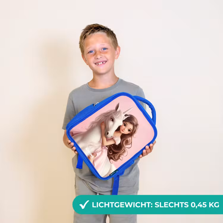 Kinderrugzak - Blauw - Meisje met witte eenhoorn op roze achtergrond — 2
