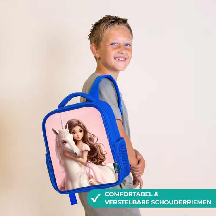Kinderrugzak - Blauw - Meisje met witte eenhoorn op roze achtergrond — 4