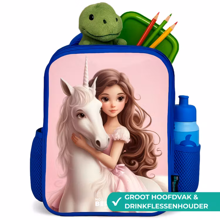 Kinderrugzak - Blauw - Meisje met witte eenhoorn op roze achtergrond — 5