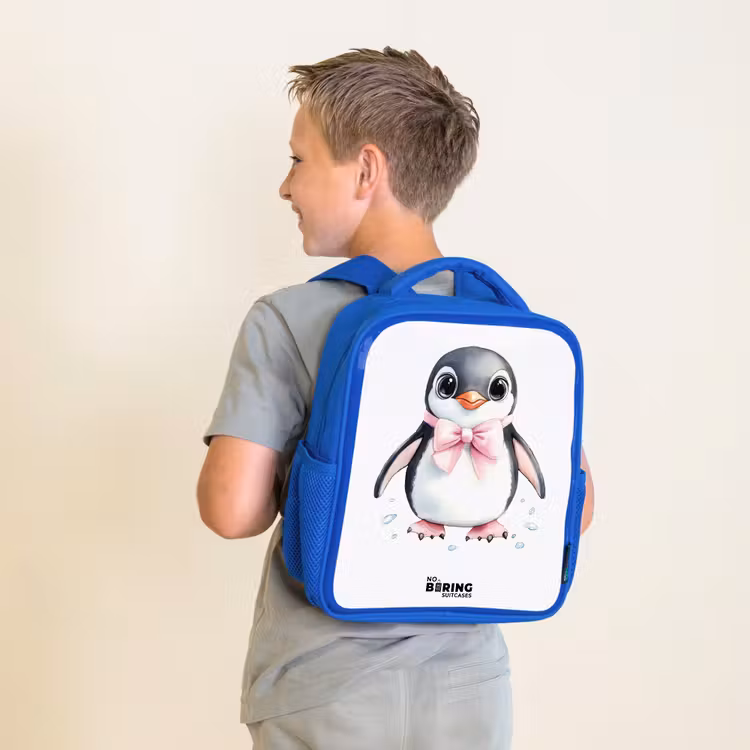 Kinderrugzak - Blauw - Pinguïn met roze strik en ijsdruppels — 3