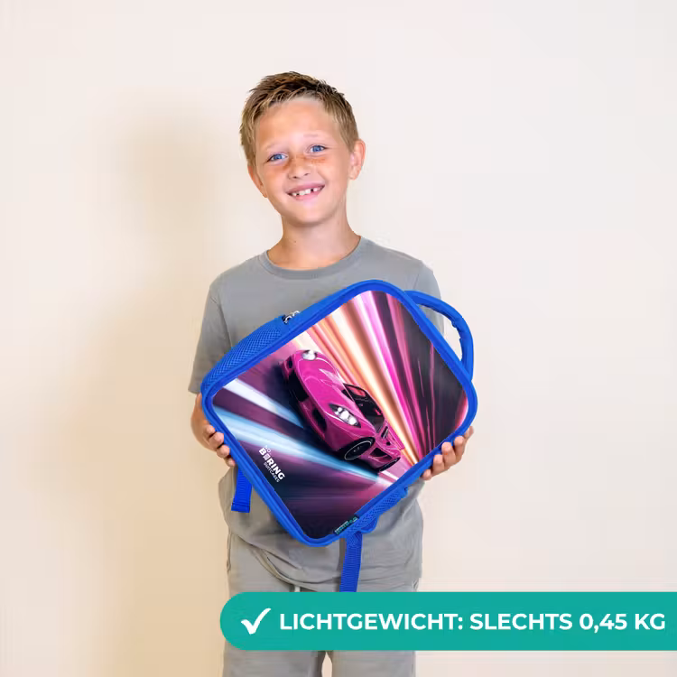 Kinderrugzak - Blauw - Roze raceauto flitst door neonlicht — 2
