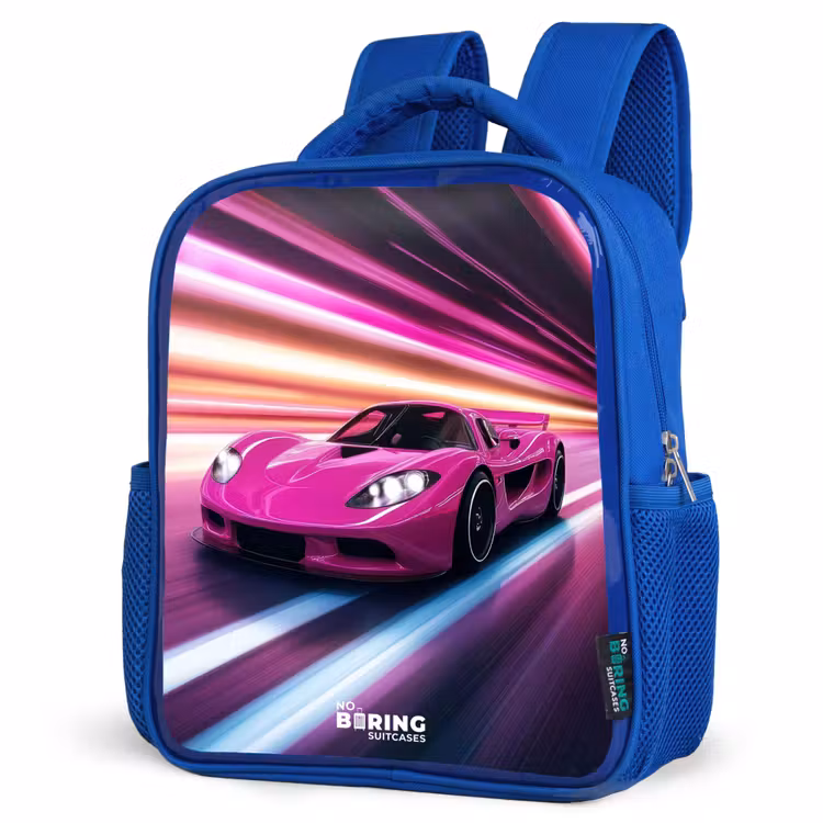 Kinderrugzak - Blauw - Roze raceauto flitst door neonlicht — 9