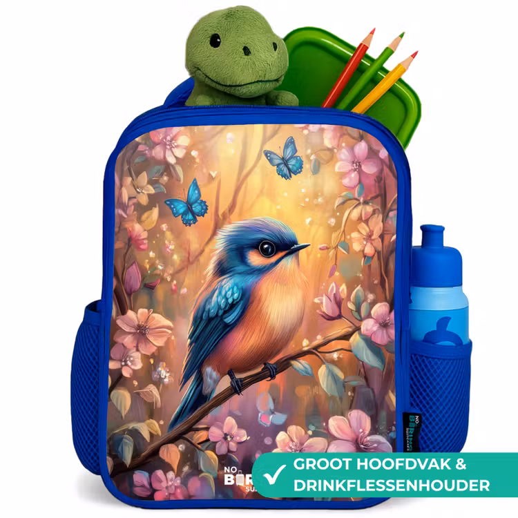 Kinderrugzak - Blauw - Vogel met vlinders in kleurrijk bos. — 5