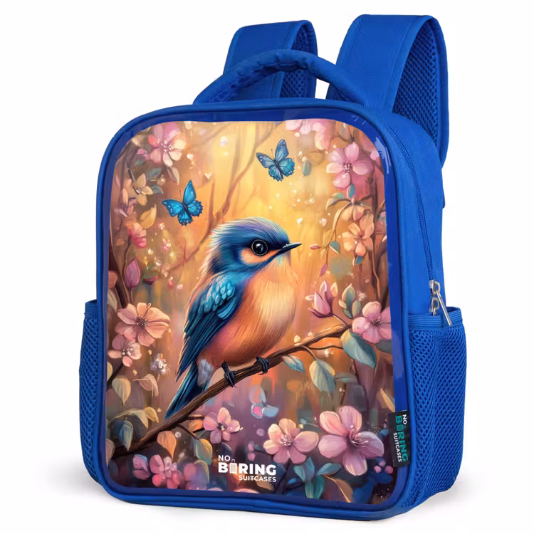Kinderrugzak - Blauw - Vogel met vlinders in kleurrijk bos. — 9