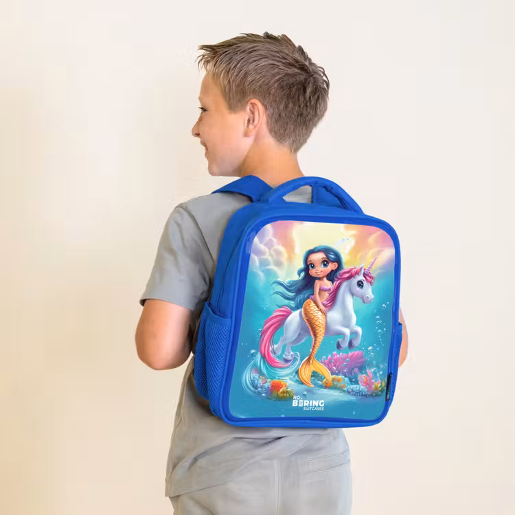 Kinderrugzak - Blauw - Zeemeermin met gouden staart met een witte eenhoorn — 3