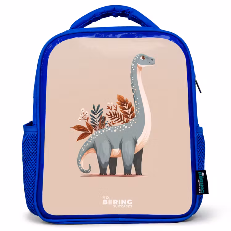 Kinderrugzak - Blauw - Blauwe dinosaurus op een beige achtergrond — 1