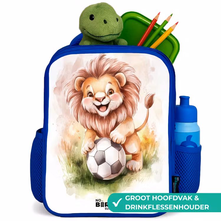 Kinderrugzak - Blauw - Speelse leeuw met voetbal op grasveld — 5