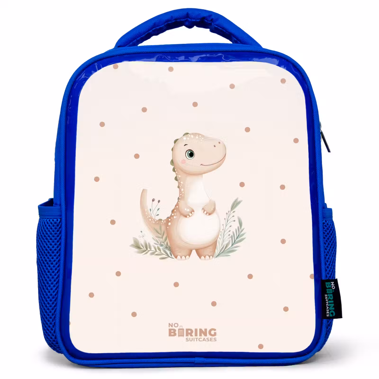 Kinderrugzak - Blauw - Beige dino op een stippen achtergrond — 1